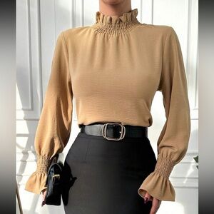 Classic stand collar frill trim minimalist top blouse